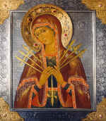 Icon of the Virgin "Semistrelnaya" (" Of Seven Arrows" ) Icon. Wood, levkas, egg tempera, framework with guilting and silvering. The St. Nicolas church (Zarechny) 