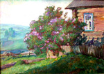 "House with lilac".2001. Canvas. Oil.