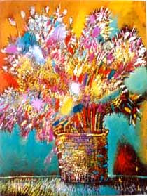 The Bouquet in Straw basket., 1999, 6080 Oil on canvas, Cycle City. Color. Image.